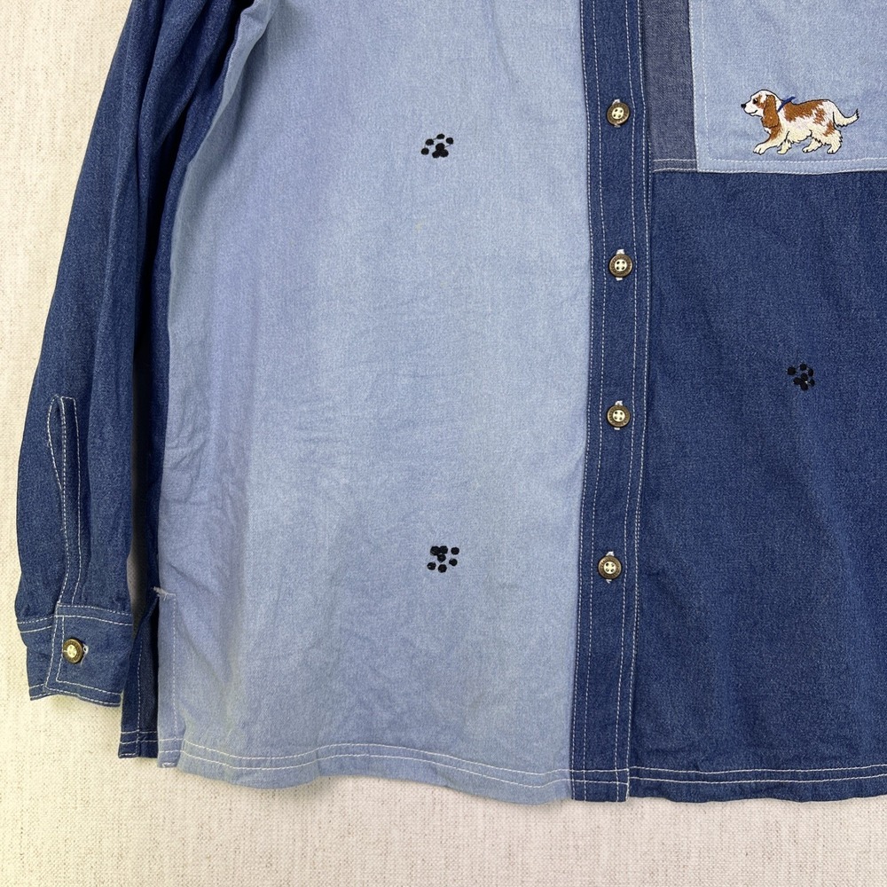 VTG Blair Embroidered Denim L/S Shirt Dog Lover Patchwork Women's Medium Y2K - Picture 4 of 9